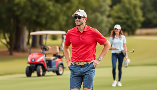 Man and woman playing golf on course with golf cart in background showing how to choose comfortable golf clothes
