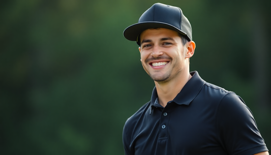 Smiling young golfer wearing a black cap and polo shirt embracing imperfection in golf outdoors
