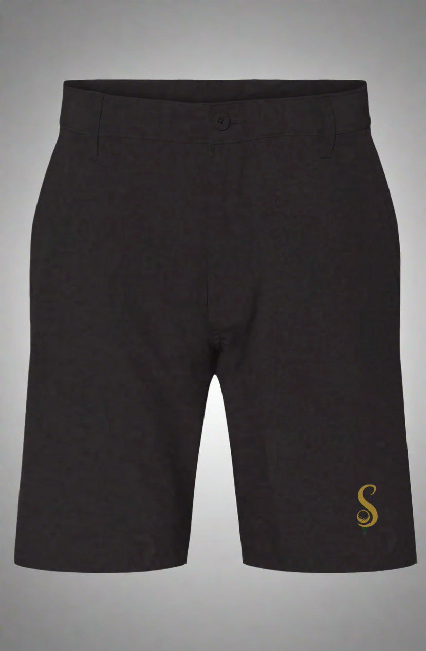 Black hybrid golf shorts for everyday wear with button closure and simple design