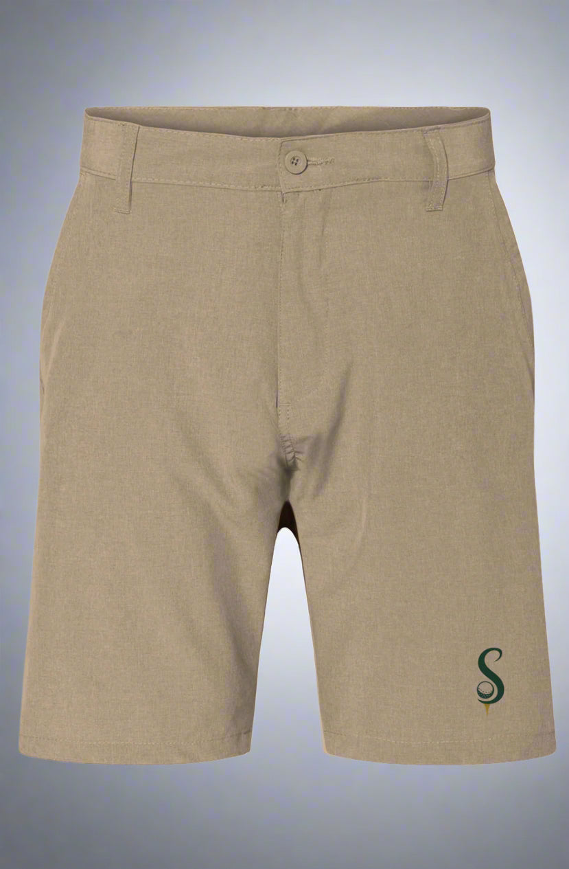 Tan hybrid golf shorts for everyday wear with button closure and logo detail