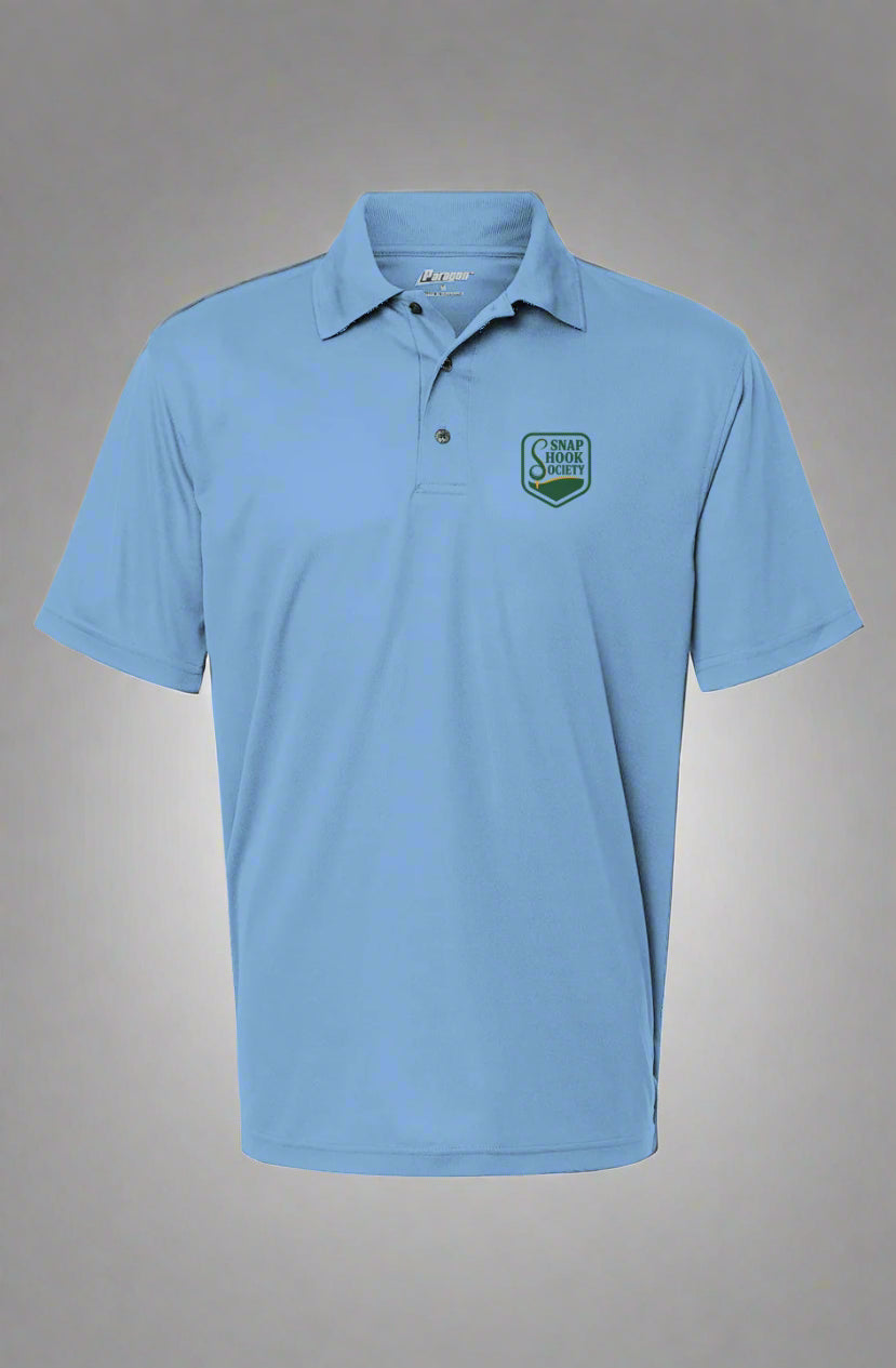 Light blue affordable moisture wicking golf shirt with short sleeves and logo on chest
