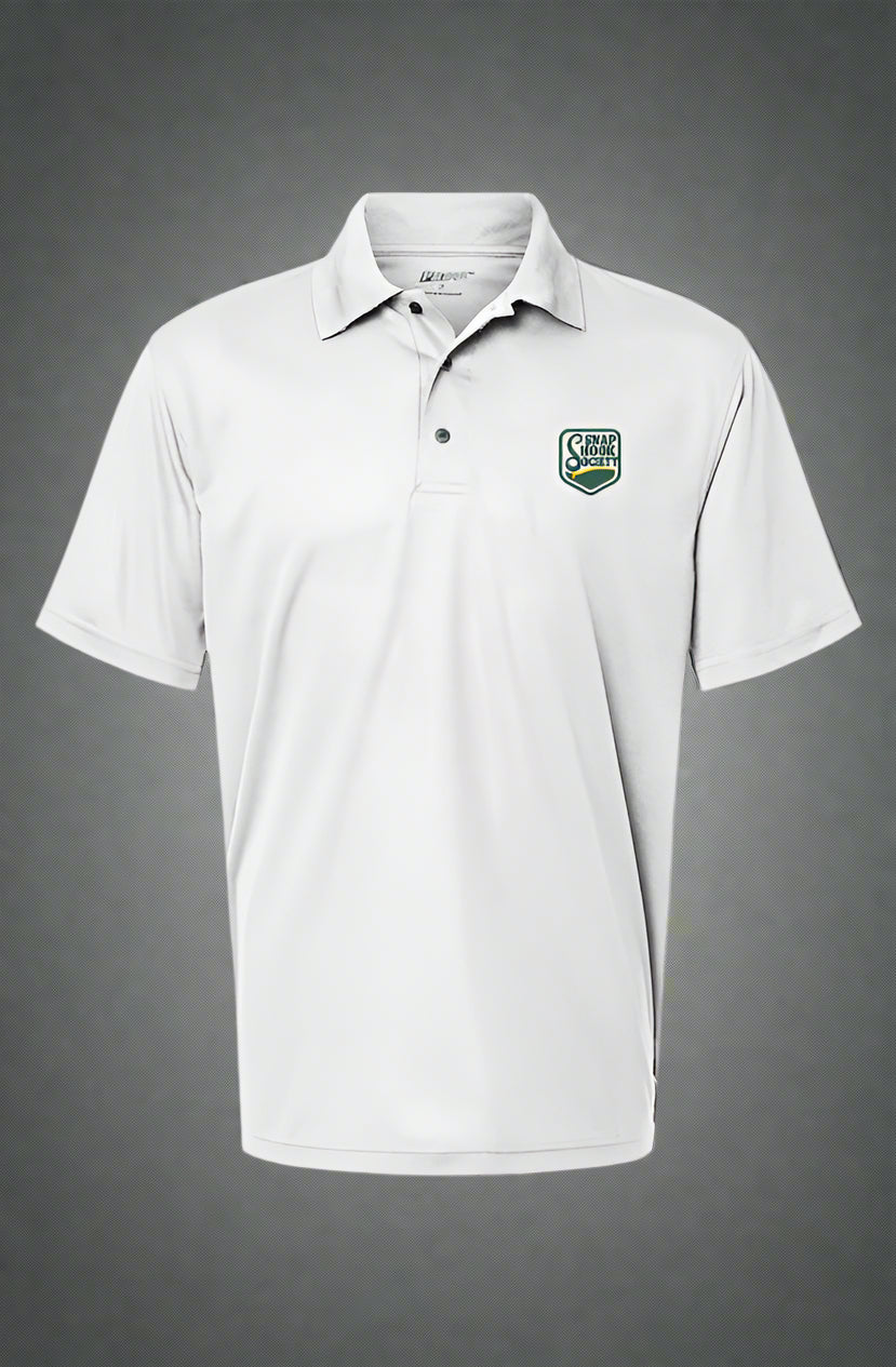 Affordable moisture wicking golf shirt in white with short sleeves and a small logo on the chest