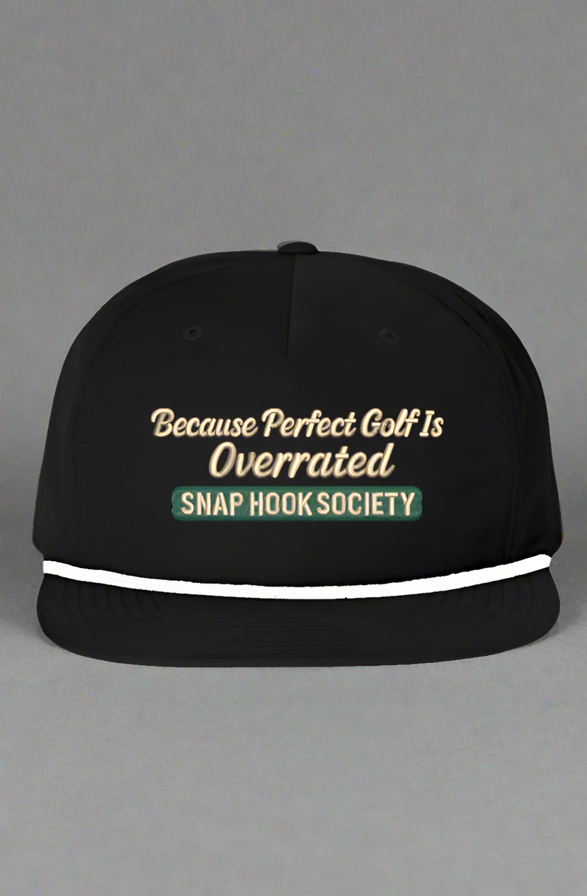Black funny golf rope hat with Because Perfect Golf Is Overrated embroidery and white rope detail