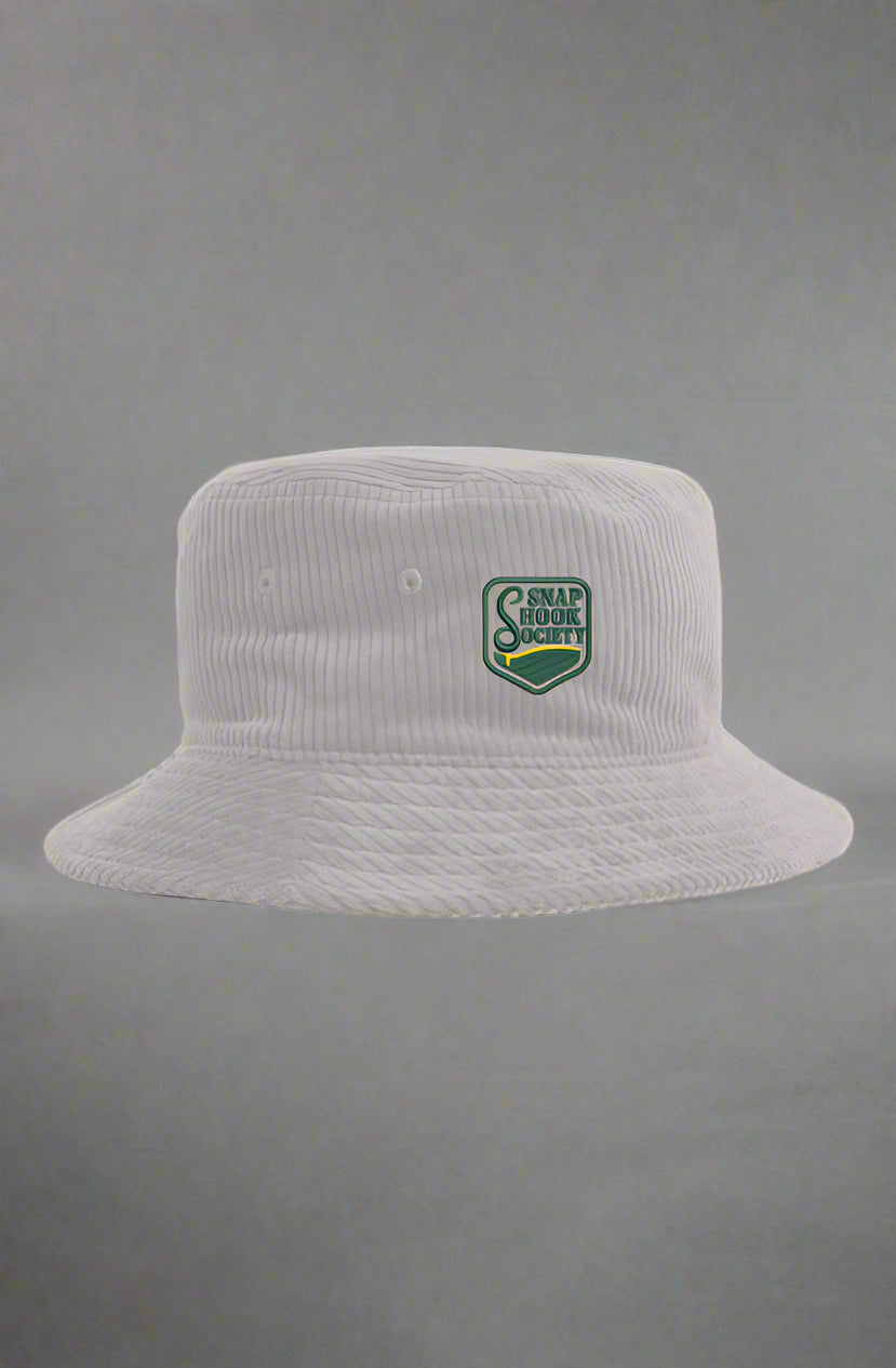 Golf bucket hat corduroy in light beige with small embroidered green and yellow Snap Hook Society logo
