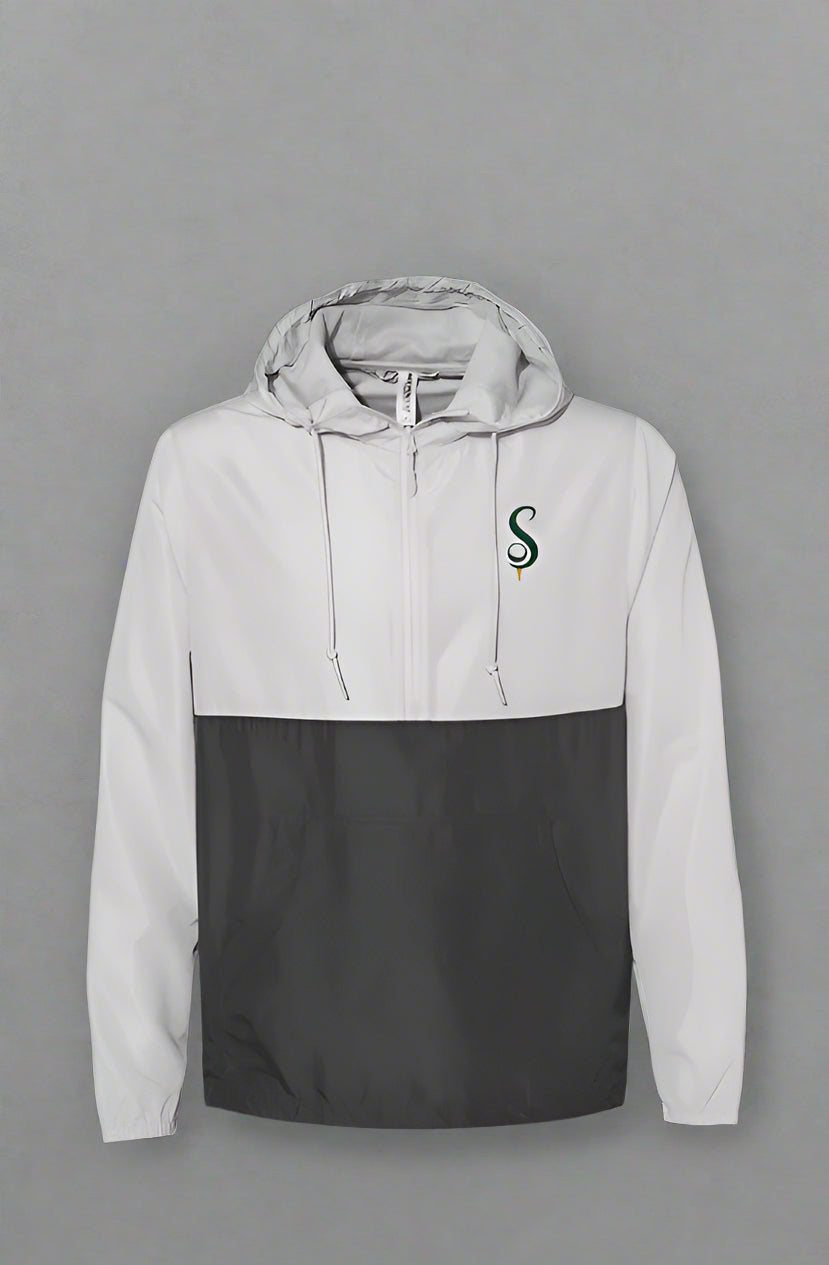 Stylish windbreaker for golfers in white and black with hood and front zipper