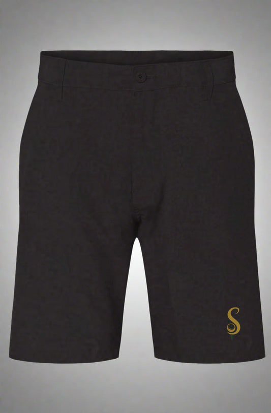 Black hybrid golf shorts for everyday wear with button closure and simple design