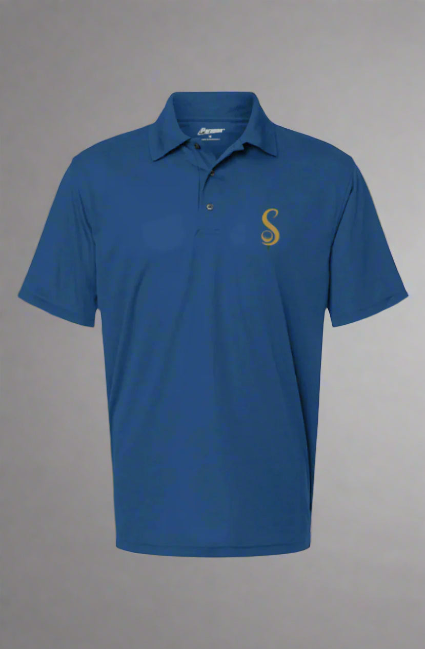 Blue performance golf polo shirt with short sleeves and gold logo on chest