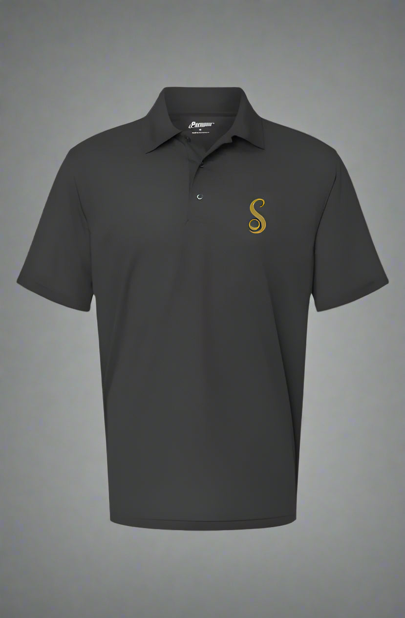 Black performance golf polo shirt with short sleeves and gold embroidered logo