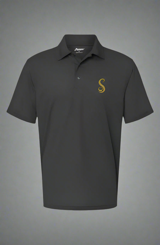 Black performance golf polo shirt with short sleeves and gold embroidered logo