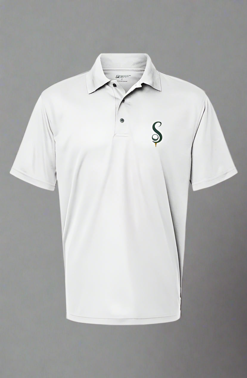 White performance golf polo shirt with short sleeves and button-up collar