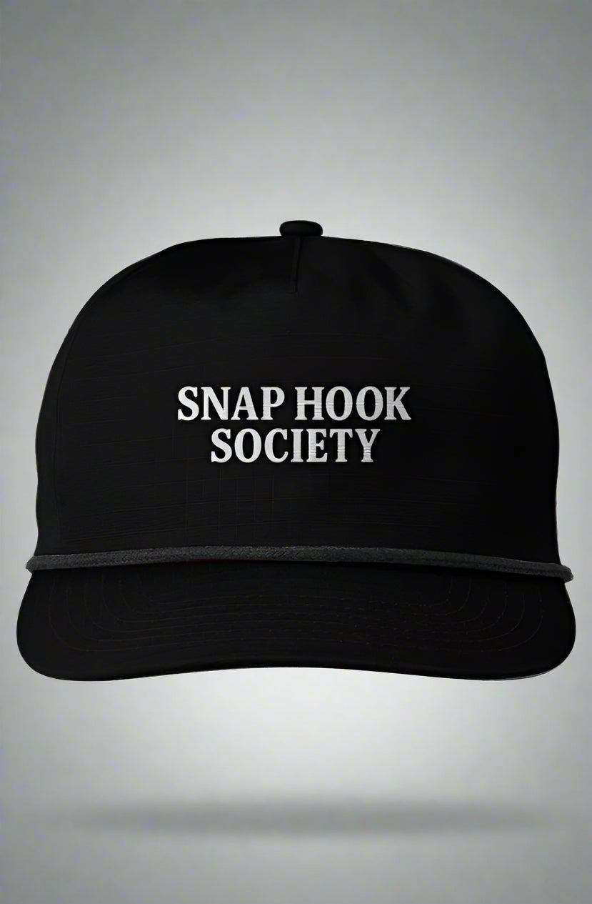 Black golf rope hat with white Snap Hook Society embroidery on the front panel