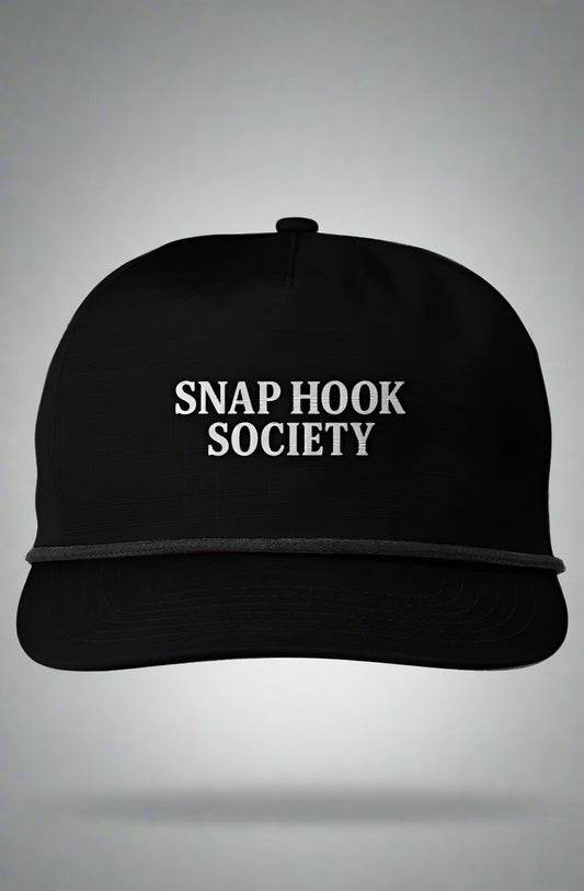 Black golf rope hat with white Snap Hook Society embroidery on the front panel