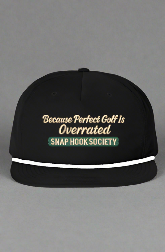 Black funny golf rope hat with Because Perfect Golf Is Overrated embroidery and white rope detail