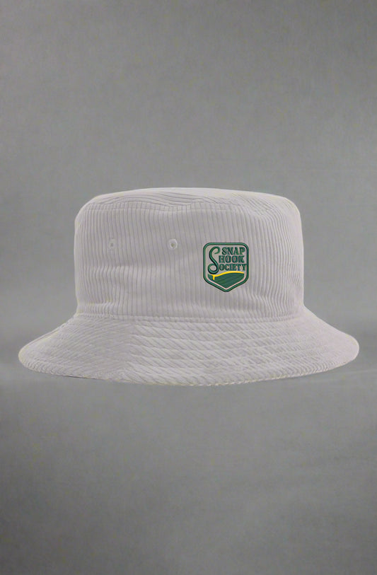 Golf bucket hat corduroy in light beige with small embroidered green and yellow Snap Hook Society logo