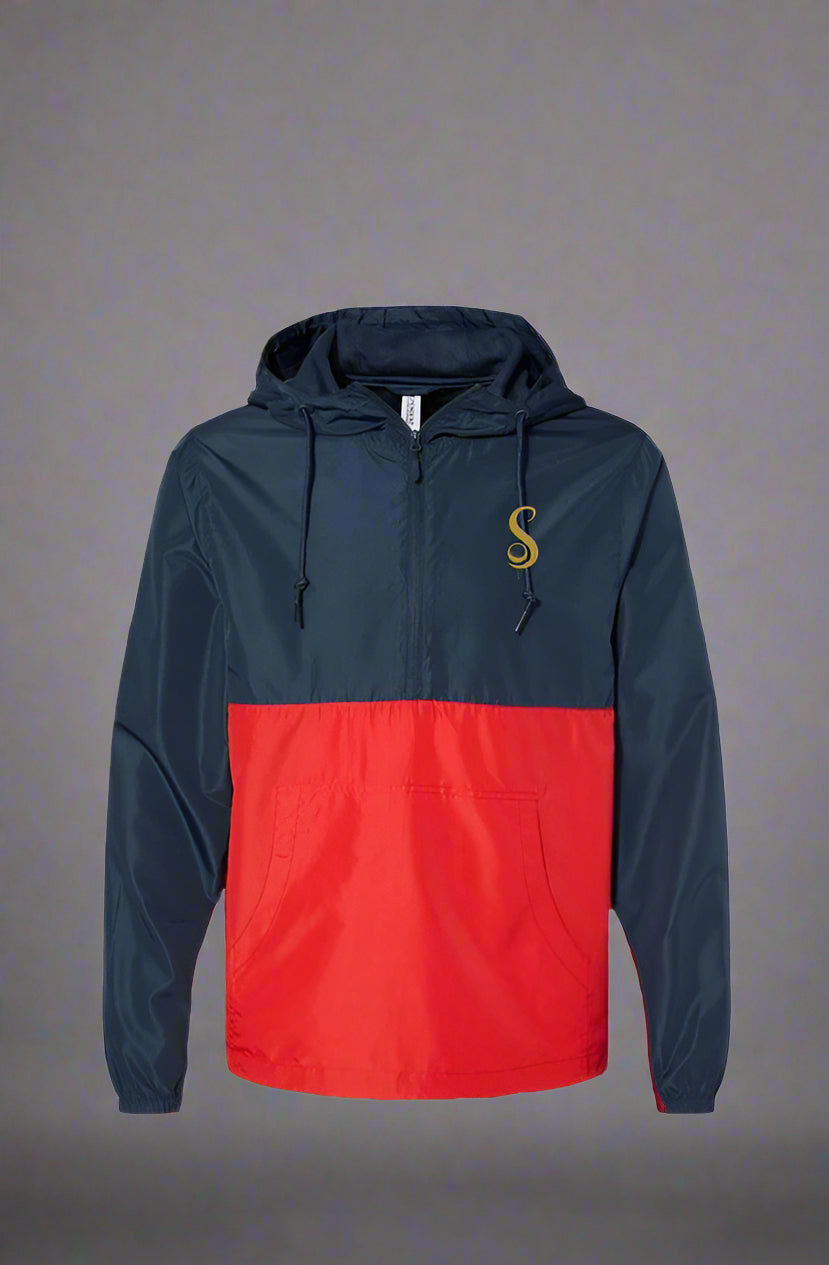 Stylish windbreaker for golfers in navy blue and red with a hood and front pocket